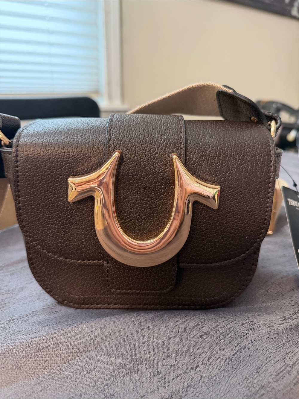 True Religion Dark Brown Crossbody with Gold Horseshoe Accent